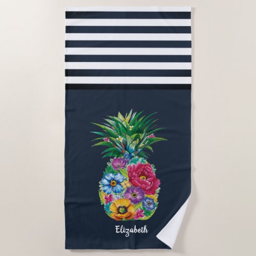 Cool Floral Pineapple Nautical Navy Blue Striped   Beach Towel