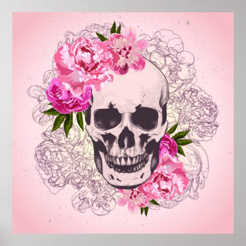 Cool Floral Skull Illustration Poster