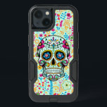 Cool Floral Sugar Skull Floral Pattern Background iPhone 13 Case<br><div class="desc">Cool colorful retro floral sugar skull with glitter accent on colorful floral seamless pattern background. Very light green background,  Pink blue and orange tones.</div>