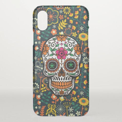 Cool floral sugar skull flowers pattern background iPhone XS case