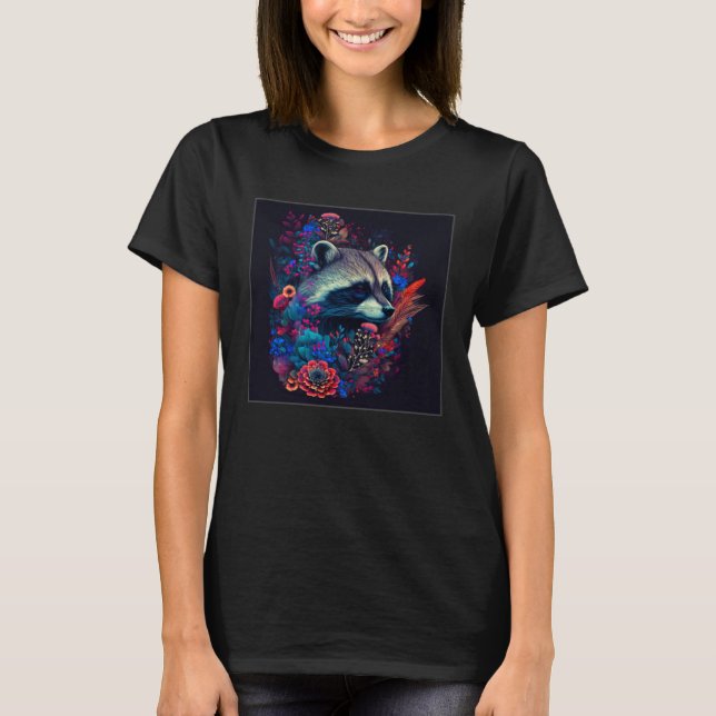 Cool Flower Raccoon Illustration Graphic Women Men T-Shirt (Front)