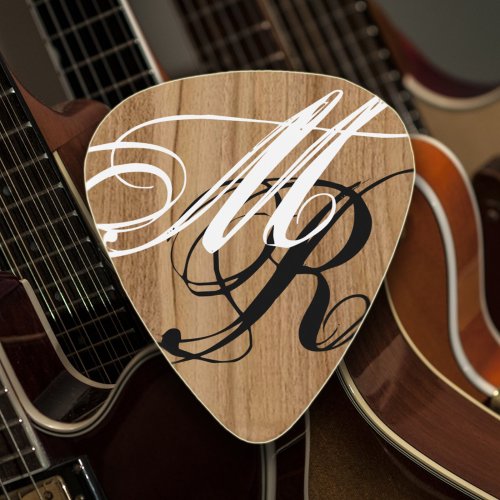 Cool Font Initials on Rustic Wood Guitar Pick