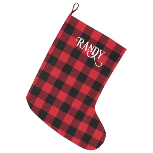 Cool Font Red and Black Buffalo Check Large Christmas Stocking