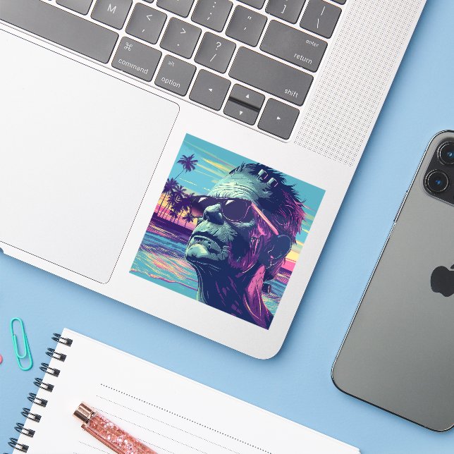 Cool Frankenstein Retro Sunset Halloween Sticker (Laptop w/ iPhone)