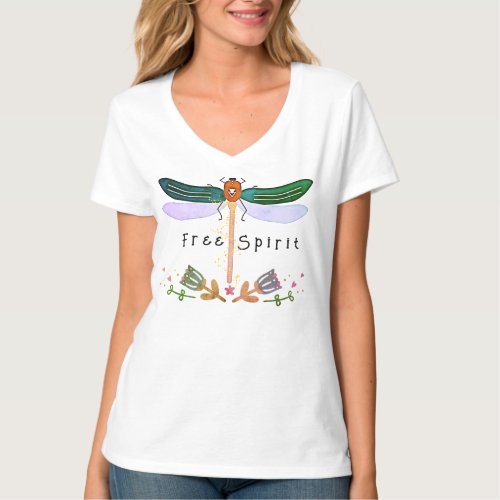 Cool Free Spirit Glitter Dragonfly Flowers White T_Shirt