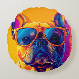 Cool French bulldog dog with sunglasses Round Pillow