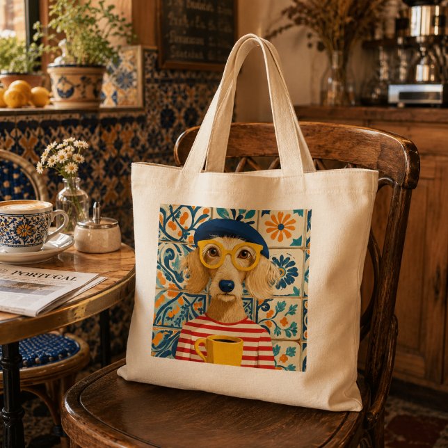 Cool French Dog Drinking Coffee Wearing Beret Hat Large Tote Bag (Creator Uploaded)