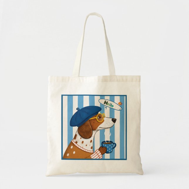 Cool French Dog Drinking Coffee Wearing Beret Hat Tote Bag (Front)