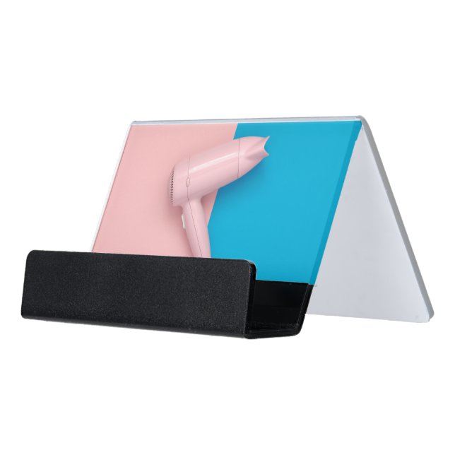 Cool Fresh Pink Blue Hairdryer Hair Salon Desk Business Card Holder (Angled Front)
