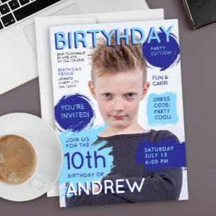 Cool Fun Blue Magazine Cover Boys Birthday Photo  Invitation