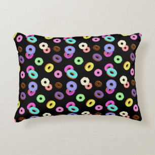 Cool fun colorful donuts pattern black accent pillow