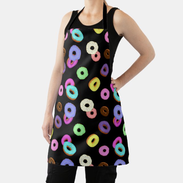 Cool fun colorful donuts pattern black apron (Insitu)