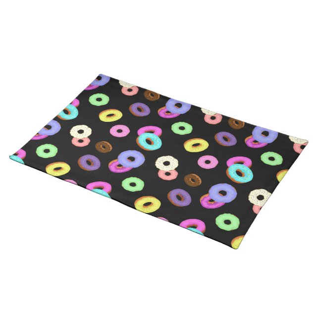 Cool fun colorful donuts pattern black cloth placemat (On Table)