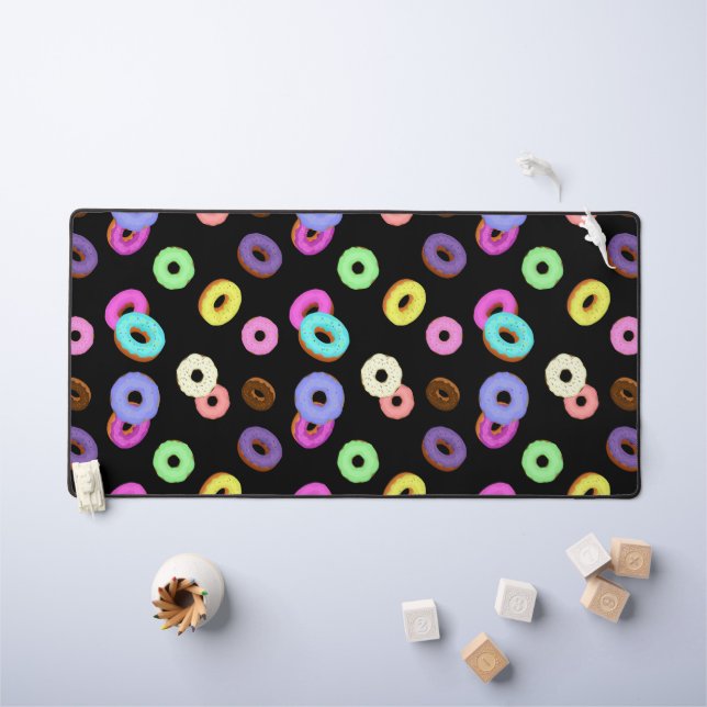 Cool fun colorful donuts pattern black desk mat (Kids Table)