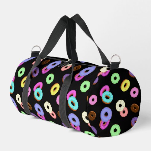 Cool fun colorful donuts pattern black duffle bag