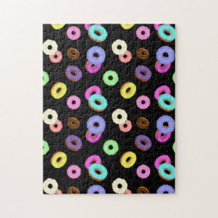 Cool fun colorful donuts pattern black jigsaw puzzle