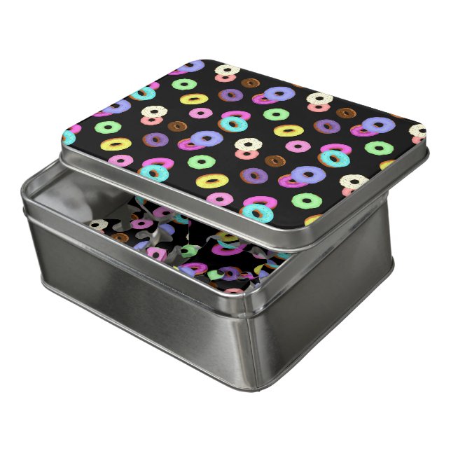 Cool fun colorful donuts pattern black jigsaw puzzle (Lid Open)