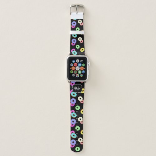 Cool fun colorful donuts pattern black Monogram Apple Watch Band