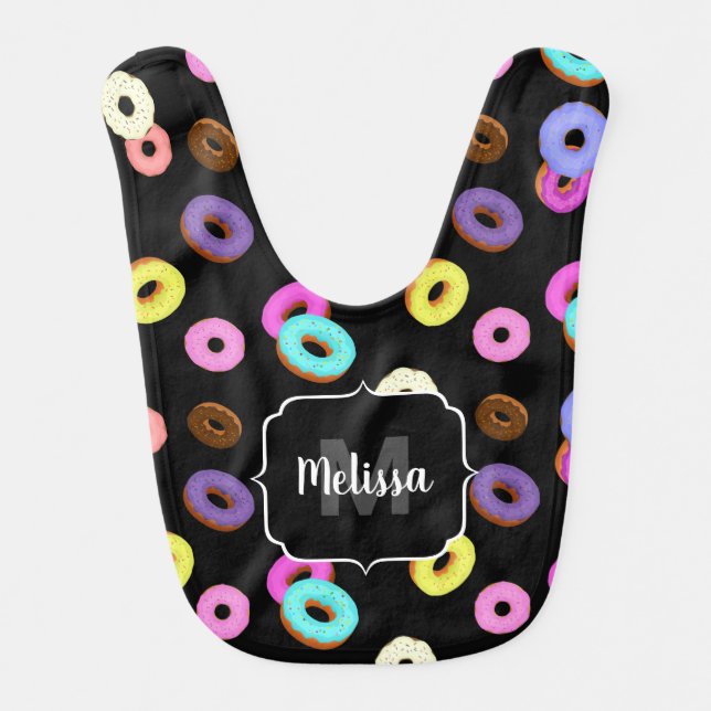 Cool fun colorful donuts pattern black Monogram Baby Bib (Front)