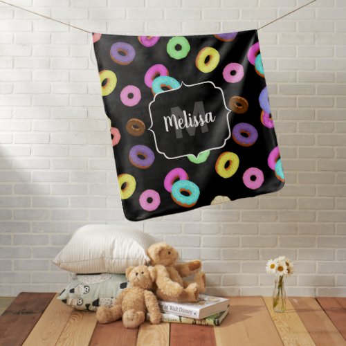 Cool fun colorful donuts pattern black Monogram Baby Blanket