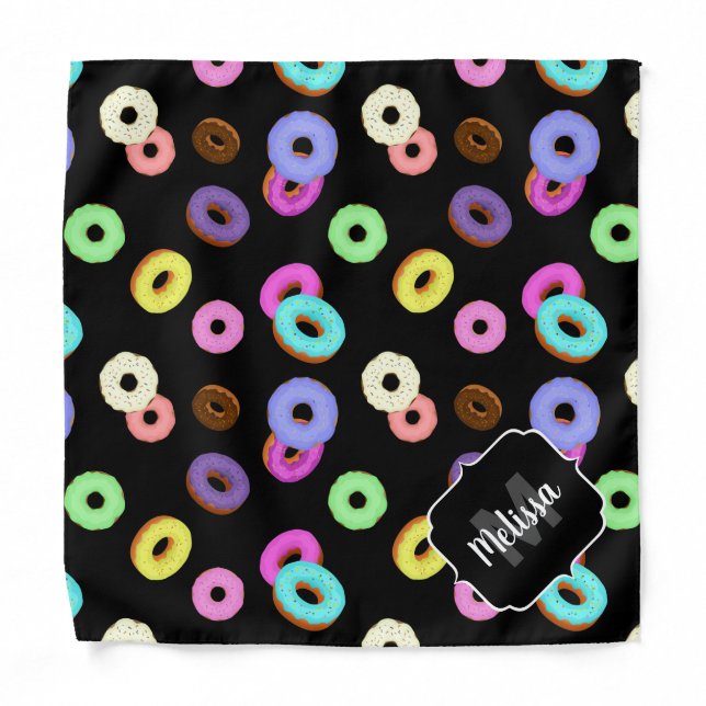 Cool fun colorful donuts pattern black Monogram Bandana (Front)