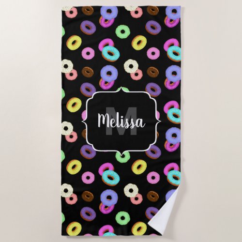 Cool fun colorful donuts pattern black Monogram Beach Towel