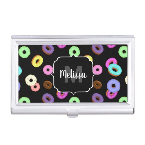 Cool fun colorful donuts pattern black Monogram Business Card Case