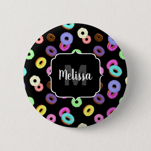 Cool fun colorful donuts pattern black Monogram Button (Front)