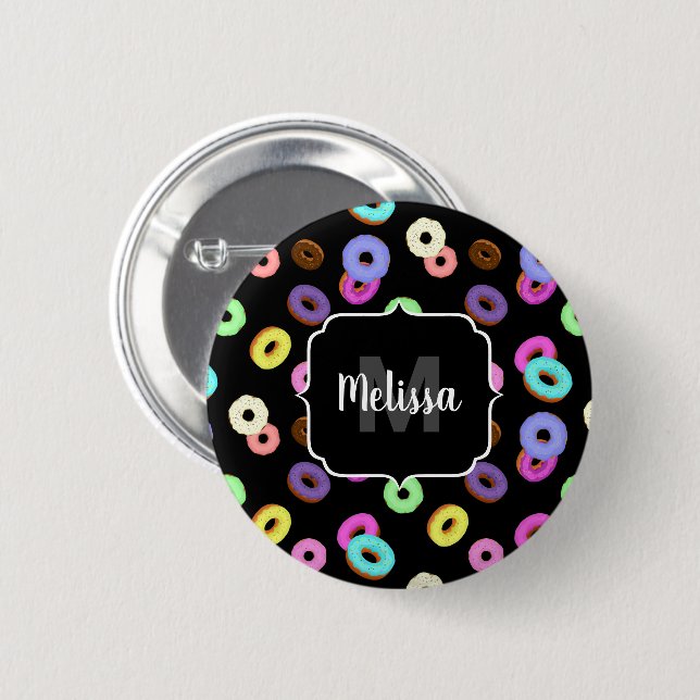 Cool fun colorful donuts pattern black Monogram Button (Front & Back)