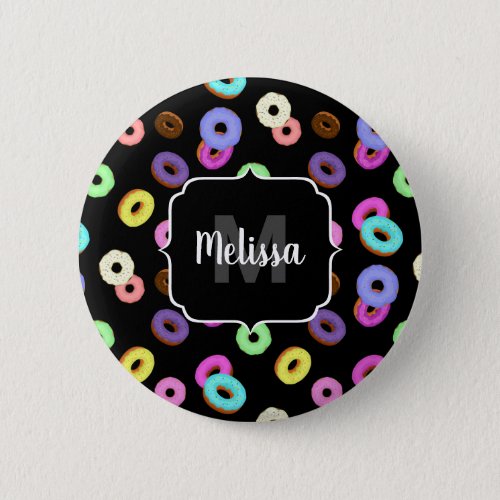 Cool fun colorful donuts pattern black Monogram Button