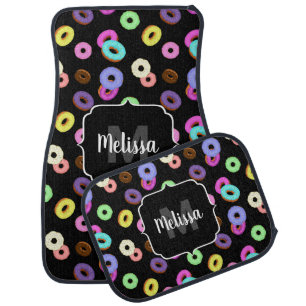 Cool fun colorful donuts pattern black Monogram Car Floor Mat