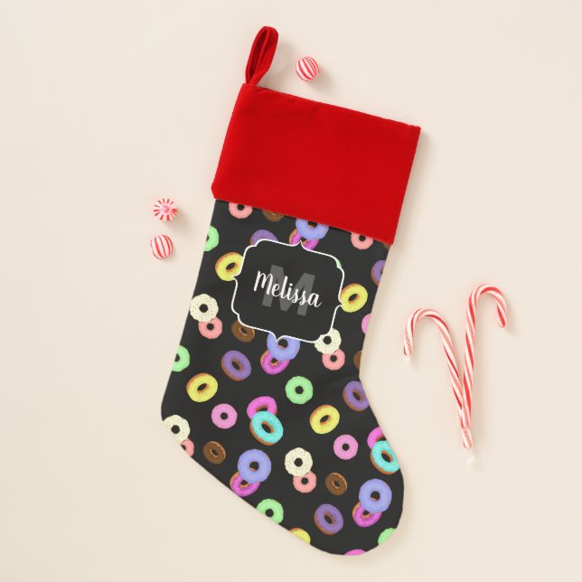 Cool fun colorful donuts pattern black Monogram Christmas Stocking (Front)