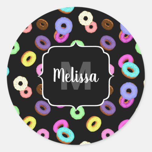 Cool fun colorful donuts pattern black Monogram Classic Round Sticker