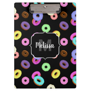 Cool fun colorful donuts pattern black Monogram Clipboard