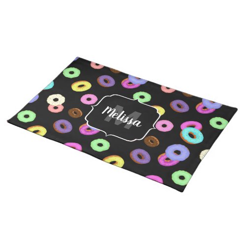 Cool fun colorful donuts pattern black Monogram Cloth Placemat