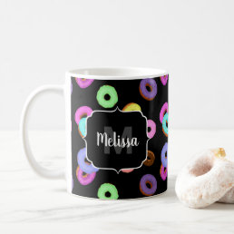 Cool fun colorful donuts pattern black Monogram Coffee Mug