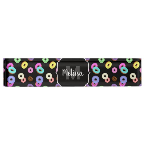 Cool fun colorful donuts pattern black Monogram Desk Name Plate