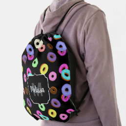 Cool fun colorful donuts pattern black Monogram Drawstring Bag