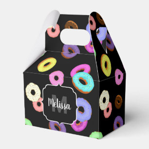 Cool fun colorful donuts pattern black Monogram Favor Boxes