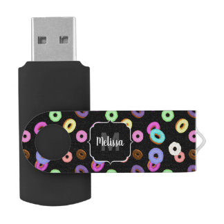 Cool fun colorful donuts pattern black Monogram Flash Drive