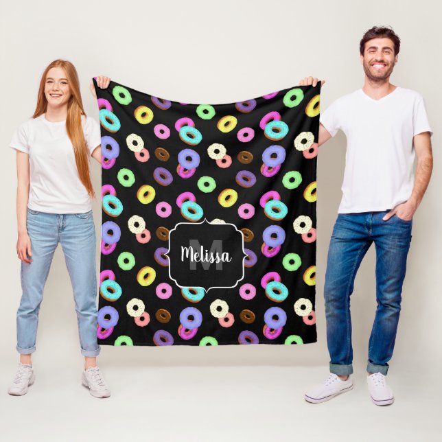 Cool fun colorful donuts pattern black Monogram Fleece Blanket (In Situ)