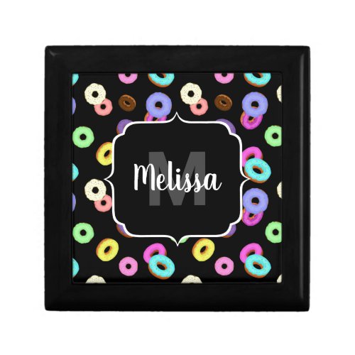 Cool fun colorful donuts pattern black Monogram Gift Box