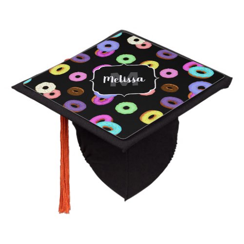 Cool fun colorful donuts pattern black Monogram Graduation Cap Topper