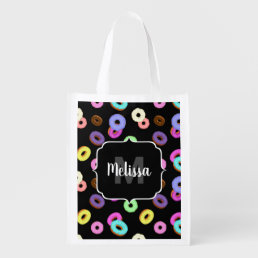 Cool fun colorful donuts pattern black Monogram Grocery Bag