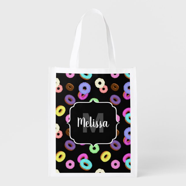Cool fun colorful donuts pattern black Monogram Grocery Bag (Front)