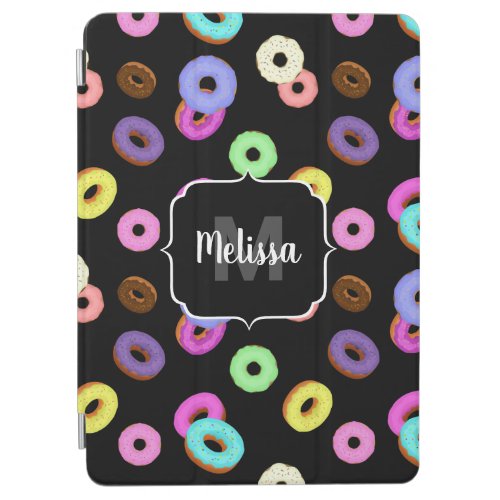 Cool fun colorful donuts pattern black Monogram iPad Air Cover