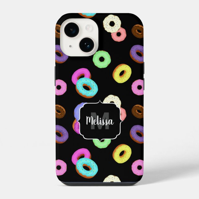 Cool fun colorful donuts pattern black Monogram Iphone Case (Back)