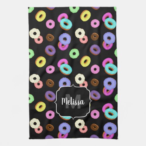Cool fun colorful donuts pattern black Monogram Kitchen Towel