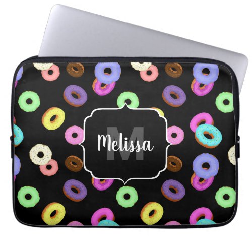 Cool fun colorful donuts pattern black Monogram Laptop Sleeve