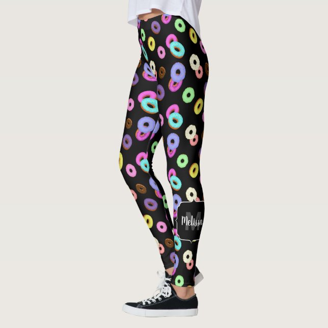 Cool fun colorful donuts pattern black Monogram Leggings (Left)